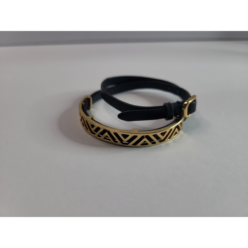 Black Faux Leather Wrap Bracelet Gold Tone Geometric Bar and Crescent Charm